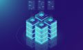 Isometric Server room and big data processing concept, datacenter and data base icon, digital information technology, neon dark gradient