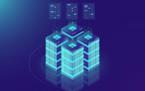 Isometric Server room and big data processing concept, datacenter and data base icon, digital information technology, neon dark gradient